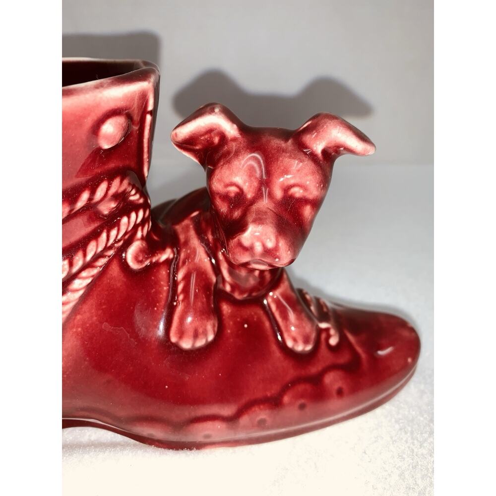 Vintage Raspberry Pink Shawnee USA Pottery Shoe Planter With Puppy 3.25" x 7.50"